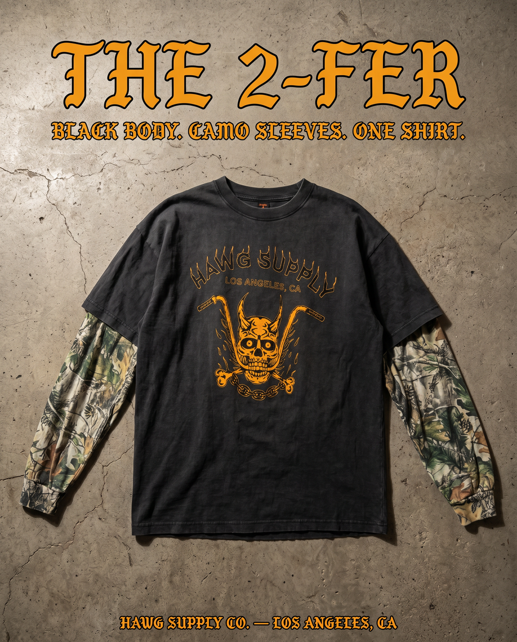 Black shirt with camouflage sleeves on a textured surface, featuring 'The 2-Fer' text.