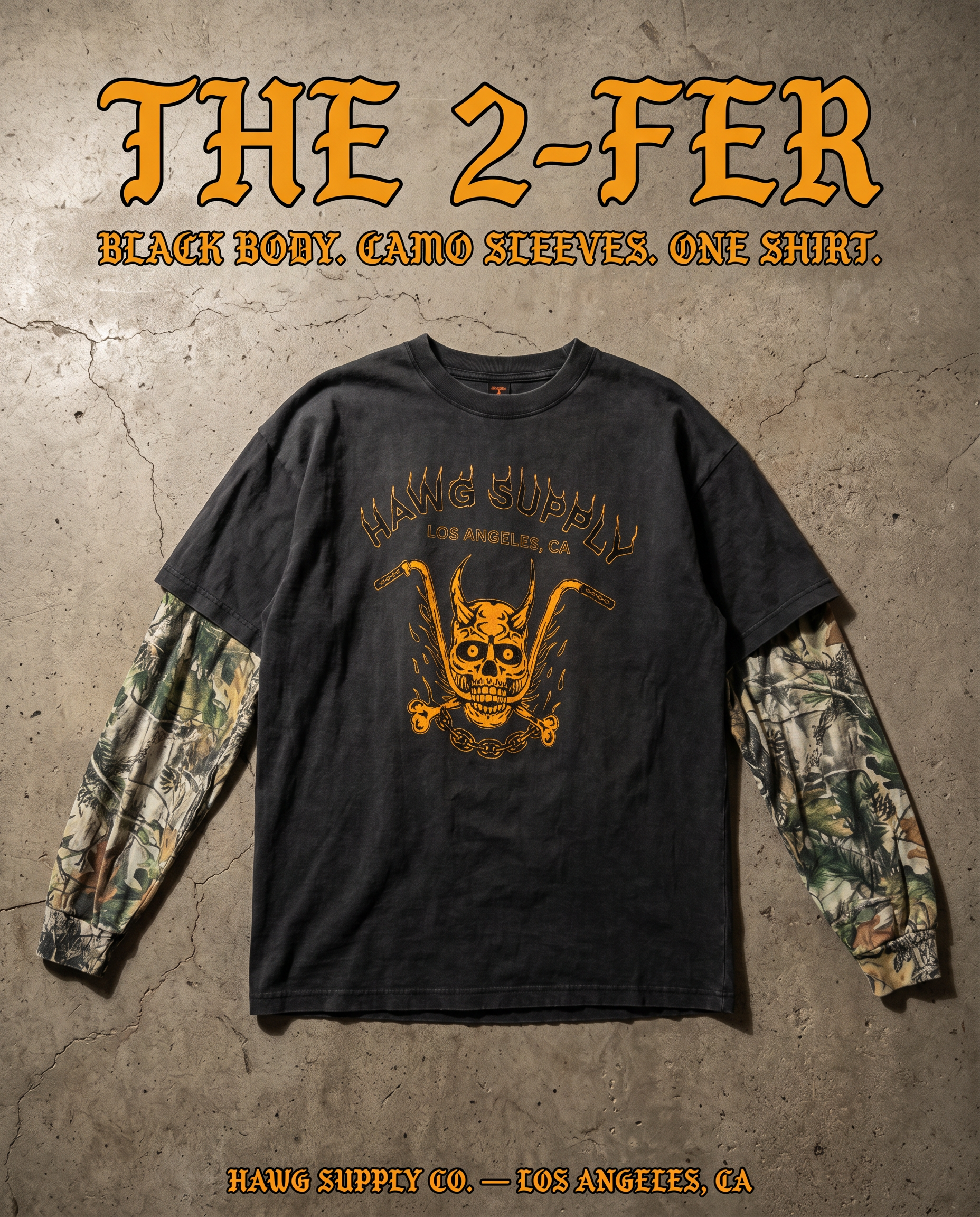 Black shirt with camouflage sleeves on a textured surface, featuring 'The 2-Fer' text.