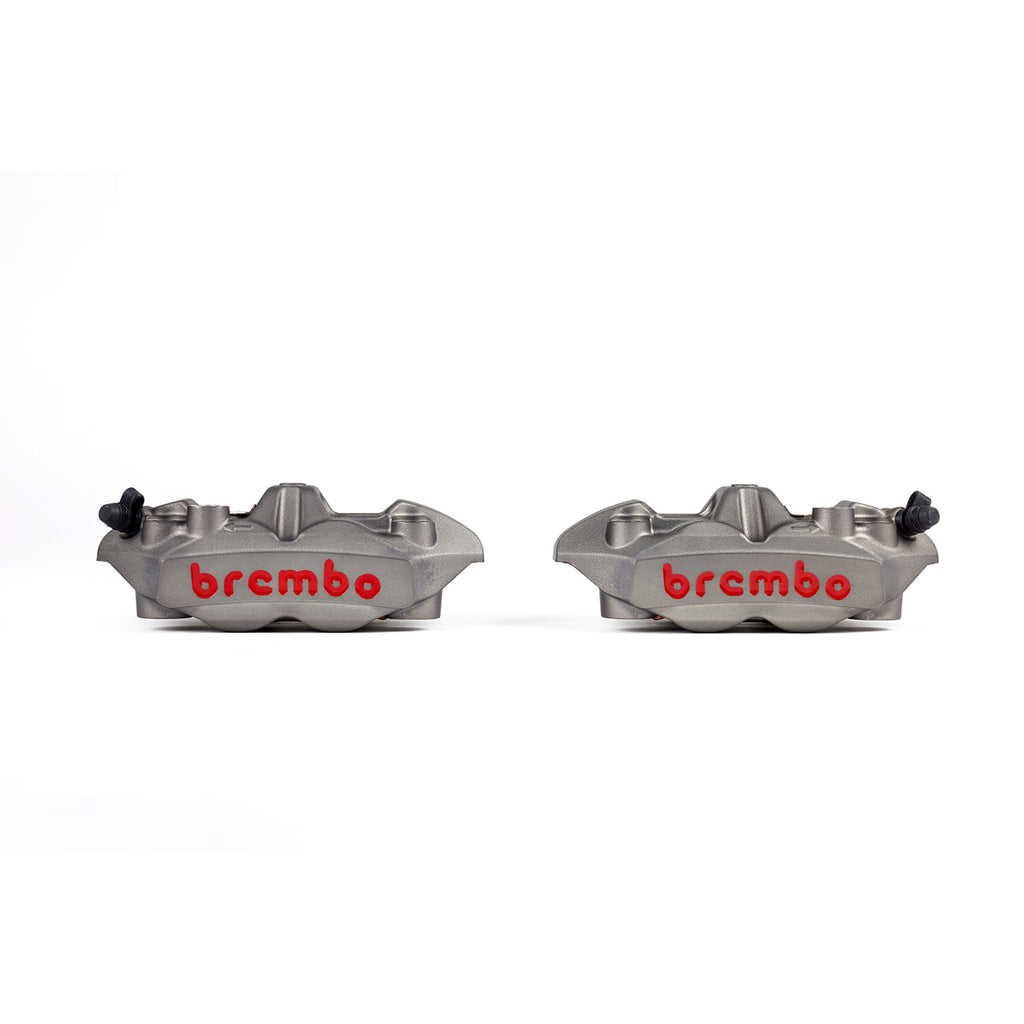 Brembo M4 radial caliper pair, Titanium Gray with red lettering