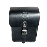 Black leather motorcycle sissy bar bag with a front flap and buckle closure, featuring the logo 'Hawg Supply' embossed on the front.
